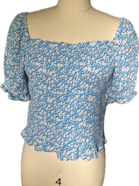 SO Tops - SO Blue Floral Smocked Crop Top with Puff Sleeves